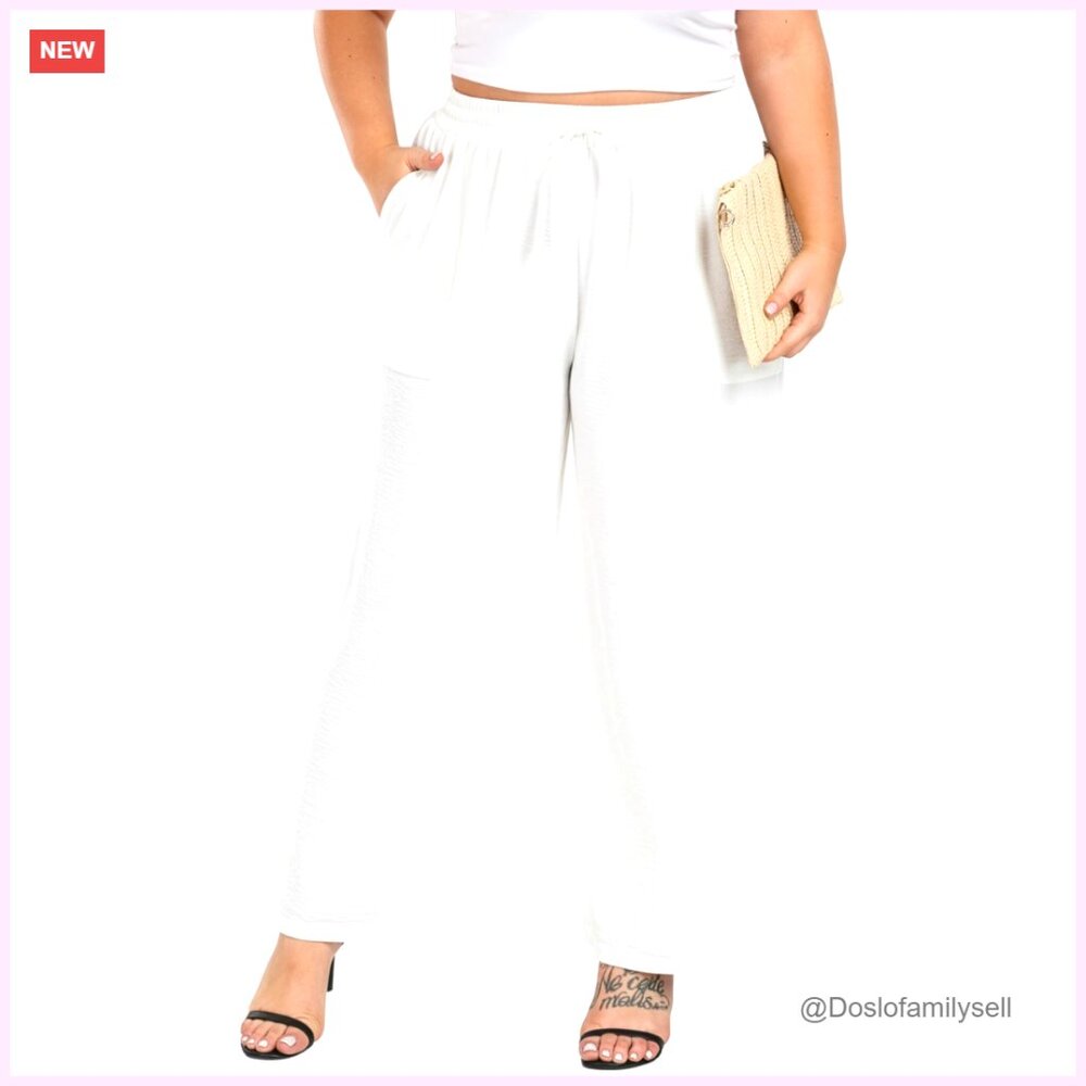 Plus Size Wide Leg Palazzo Pants High Waist Elastic Drawstring Pockets Casual